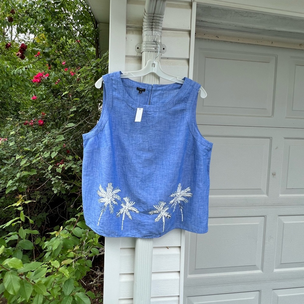 NWT Talbots Gorgeous Blue White Beaded Palm Trees Sleeveless Blouse